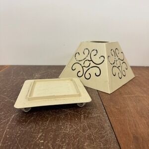 Metal Candle Holder with Top & Base Beige Swirl Design Hold various size candles
